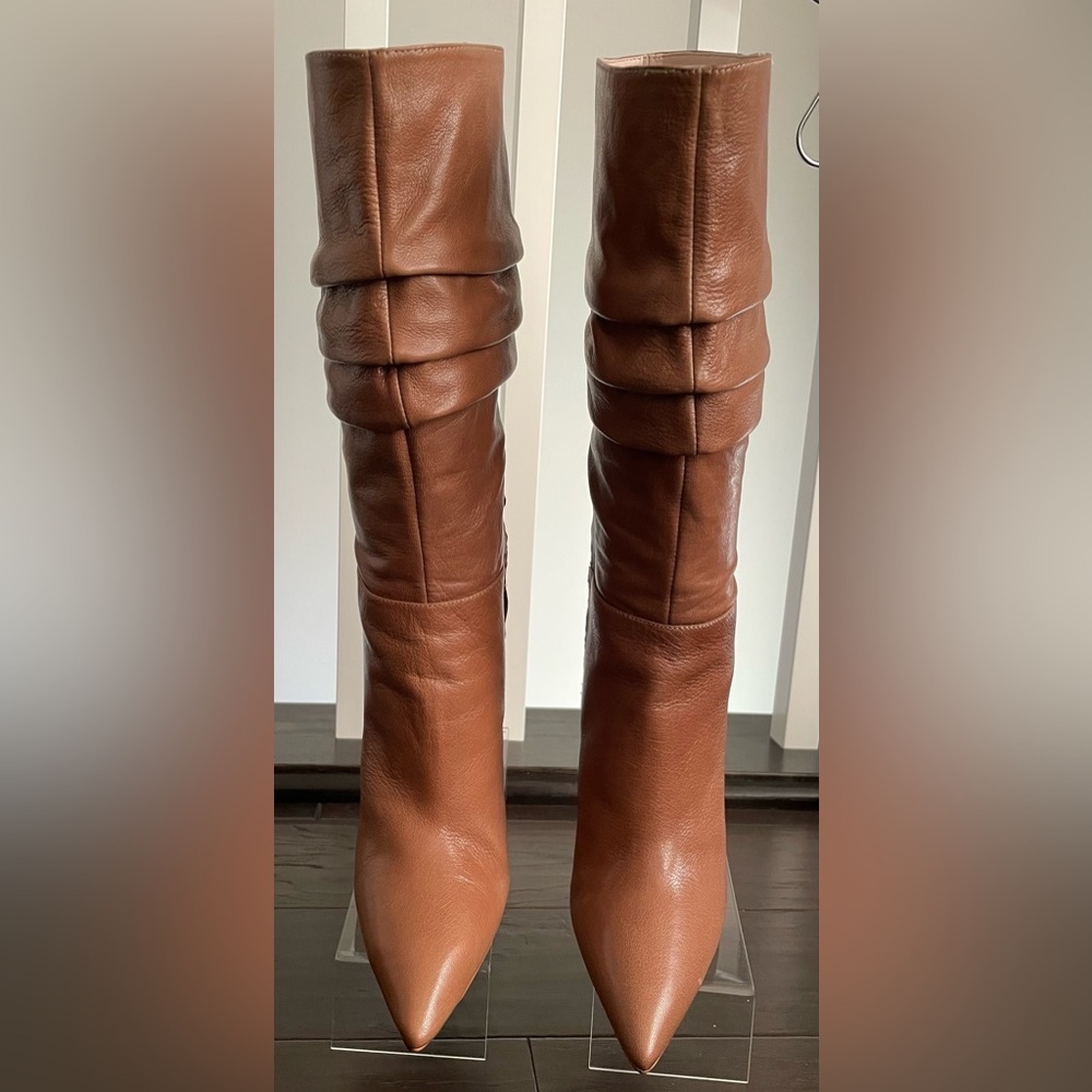 Nine West Vernese, scrunched mid calf wedge boot, Size 8, leather, light brown
